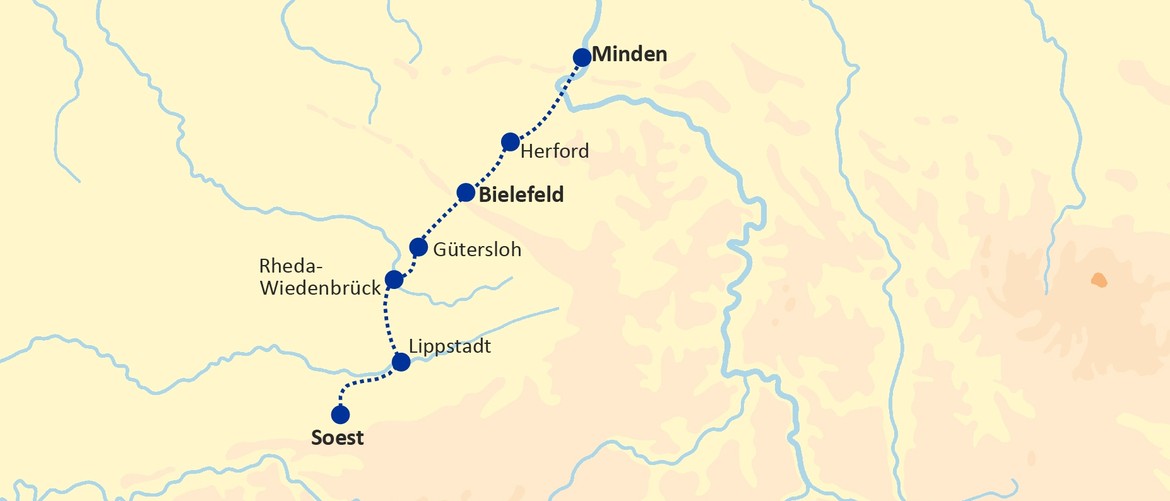 Schematische karte des Jakobsweges von Minden über Bielefeld nach Soest