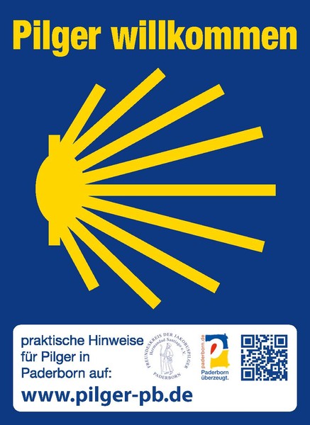 Aufkleber "Pilger willkommen" (Freundeskreis der Jakobuspilger Hermandad Santiago e.V., Paderborn).